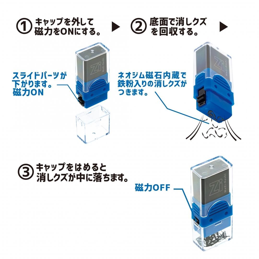Magnetic cleanup mechanism shown in blue; supplied case is pink